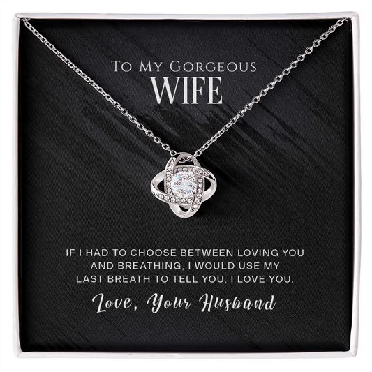 Love Knot Necklace with cubic zirconia, gift box inscription 'To My Gorgeous Wife,' in premium white gold over stainless steel.