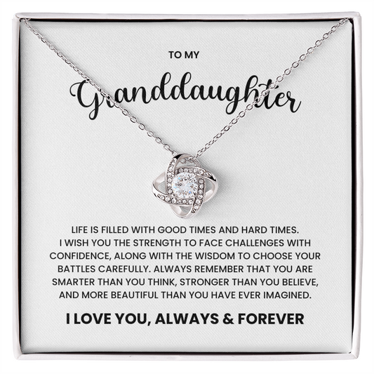 "Love Knot Necklace for Granddaughter with sentimental message and cubic zirconia, gift in box, 14k white gold over stainless steel"