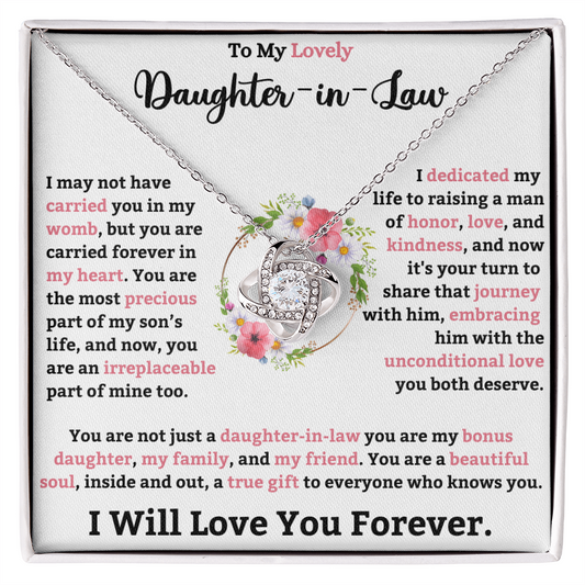 Love Knot Necklace gift for daughter-in-law with heartfelt message, symbolizing the bond and love shared within a family.