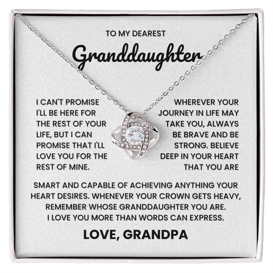 Love Knot Necklace gift for granddaughter with heartfelt message from grandpa, featuring cubic zirconia and elegant display box.