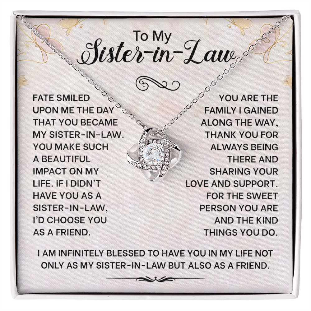Love Knot Necklace for Sister-in-Law with heartfelt message about love and gratitude, perfect for birthdays or special occasions.