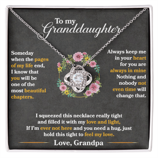 Alt Tag: Love Knot Necklace for Granddaughter with heartfelt message from Grandpa, silver pendant with cubic zirconia, gift box display.