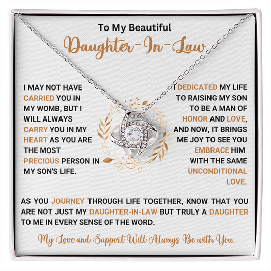 Love Knot Necklace with heartfelt message for daughter-in-law, symbolizing unbreakable bond. Includes elegant jewelry box.