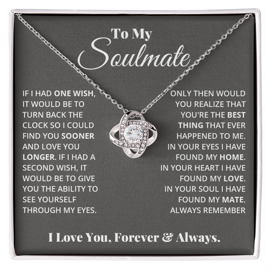 Love Knot Necklace gift with cubic zirconia, featuring heartfelt message for soulmate. Available in 14k white gold or 18k yellow gold.