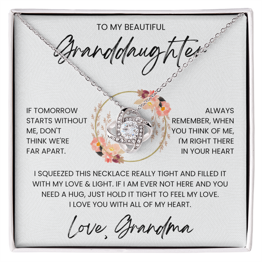 Love Knot Necklace for Granddaughter with heartfelt message, featuring cubic zirconia pendant in gift box, 50% off, free shipping.