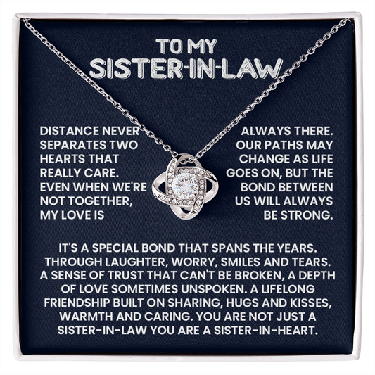 Love Knot Necklace with heartfelt message card for sister-in-law, celebrating family bond and friendship, long distance keepsake.