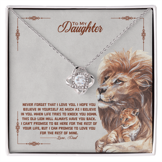 Love Knot Necklace Gift for Daughter with Lion Artwork and Inspirational Message, featuring Cubic Zirconia Pendant in Gift Box