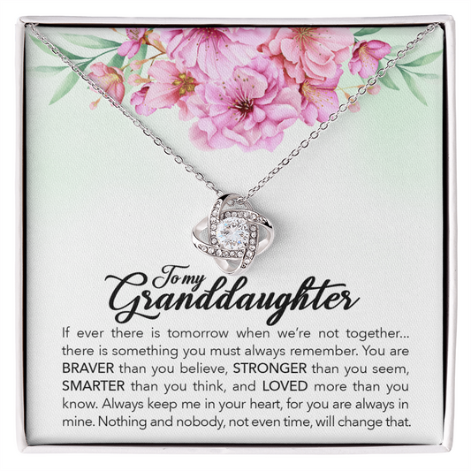 14K White Gold Love Knot Necklace with cubic zirconia, gift for granddaughter, featuring floral background and heartfelt message.
