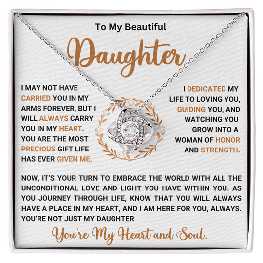 Love Knot Necklace for Daughter with heartfelt message, featuring cubic zirconia crystals, symbolizing an unbreakable bond.