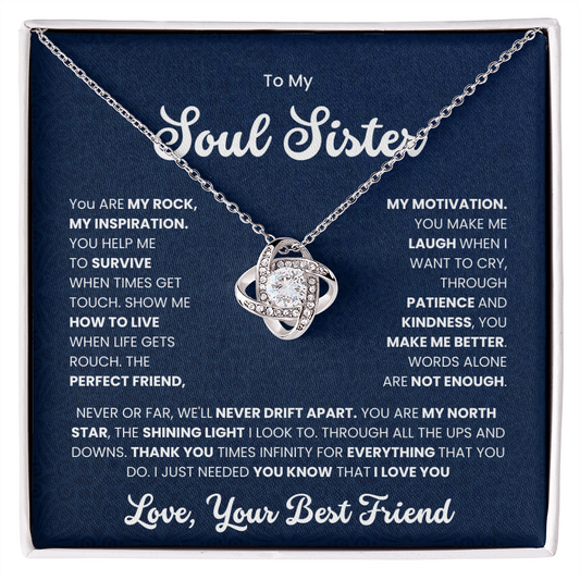 Love Knot Necklace on sentiment card for a soul sister, featuring cubic zirconia crystals and emotional message about friendship.