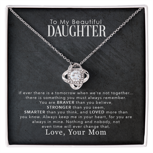 Love Knot Necklace gift for daughter with heartfelt message, 14k white gold, cubic zirconia, symbolizing unbreakable bond.