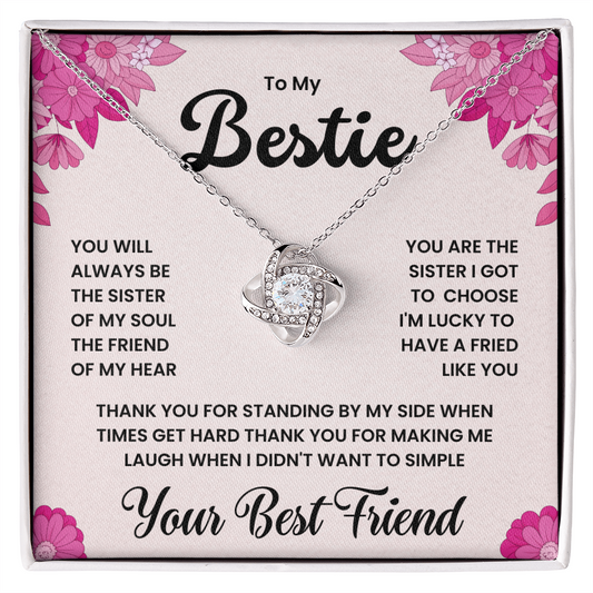 Love Knot Necklace gift for best friend with cubic zirconia crystals, featuring heartfelt message for sisterly bond, in white gift box.