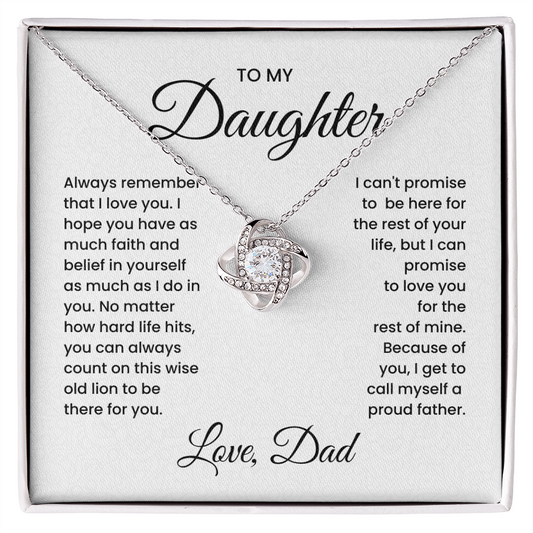 Love Knot Necklace on sentimental card for daughter, featuring cubic zirconia and heartfelt message from father.