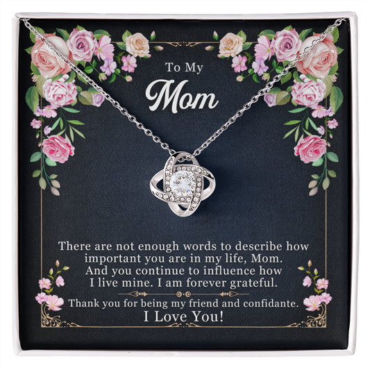 Love Knot Necklace on floral card with message 'To My Mom' and cubic zirconia pendant; perfect gift symbolizing unbreakable bond.