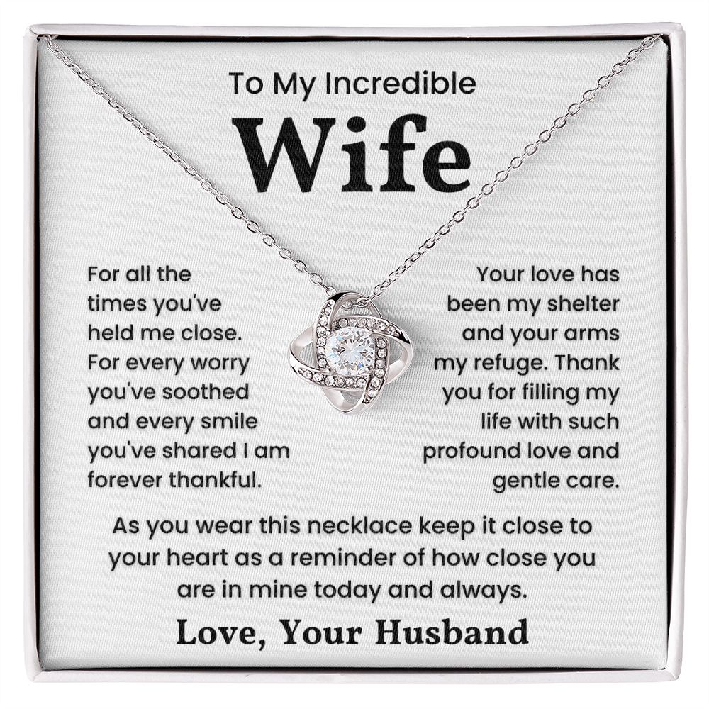 To My Incredible Wife Love Knot Necklace with sentimental message, featuring cubic zirconia on 14k white gold, perfect gift for her.