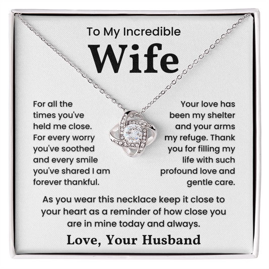 To My Incredible Wife Love Knot Necklace with sentimental message, featuring cubic zirconia on 14k white gold, perfect gift for her.