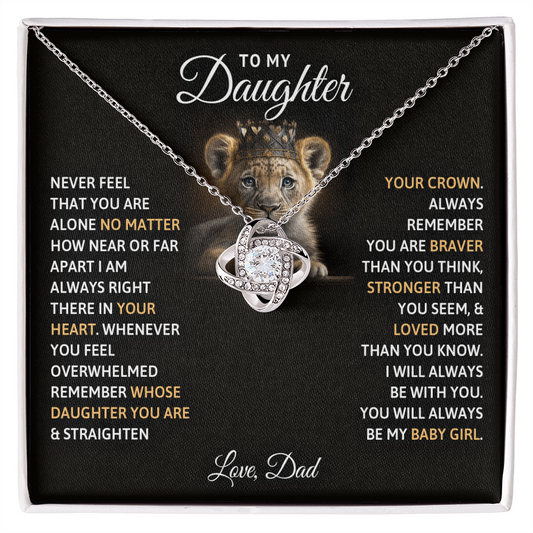 Love Knot Necklace gift box for daughter with heartfelt message, featuring a crowned lion cub background and cubic zirconia crystals.