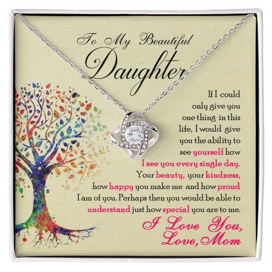 Love Knot Necklace for Daughter with heartfelt message card, embellished with cubic zirconia, symbolizing unbreakable bond.