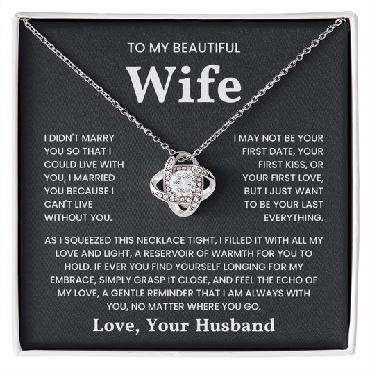 Love Knot Necklace with sentimental message card, featuring cubic zirconia crystals, 14k white or 18k yellow gold over stainless steel.