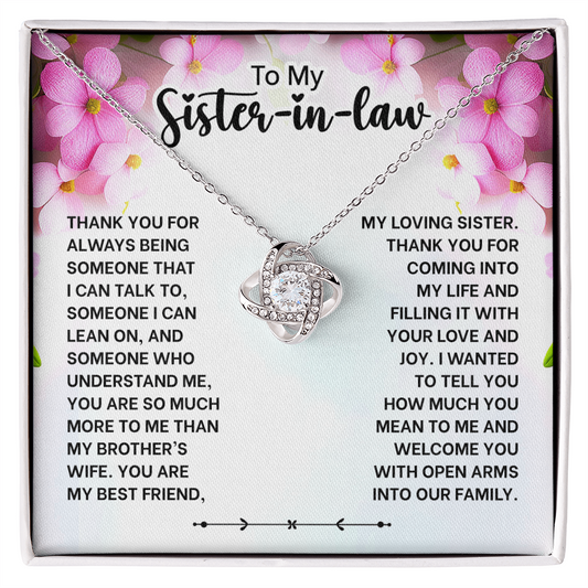 Love Knot Necklace gift for sister-in-law with heartfelt message, perfect for birthdays, weddings, thank you, or friendship.