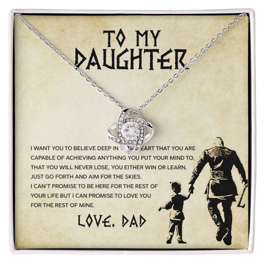 Love Knot Necklace gift for daughter with cubic zirconia, titled 'To My Daughter, You Will Never Lose' from dad.