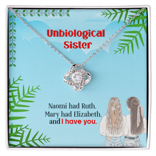 Love Knot Necklace gift for unbiological sister with cubic zirconia, 14k white gold, emotional message, perfect for special bond.