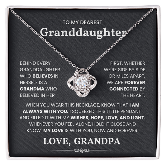 Love Knot Necklace gift for granddaughter with heartfelt message in a black gift box.