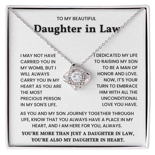 Love Knot Necklace for Daughter in Law with heartfelt message, symbolizing unbreakable bond and love.