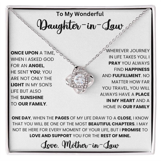 Love Knot Necklace gift for daughter-in-law with heartfelt message from mother-in-law, symbolizing unbreakable bond and eternal love.
