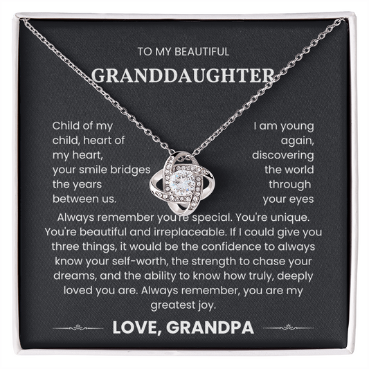 Love Knot Necklace for Granddaughter with sentimental message, featuring cubic zirconia, perfect gift from Grandpa.
