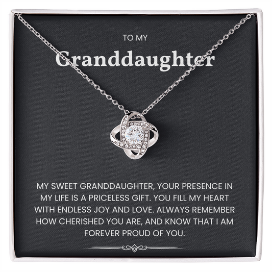 Love Knot Necklace for granddaughter with cubic zirconia, set in 14k white gold over stainless steel, gift box with heartfelt message.
