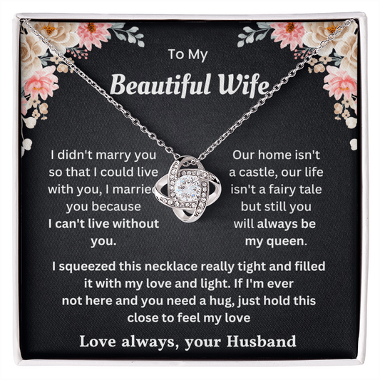 Love Knot Necklace in gift box with romantic message, perfect gift for wife. Features cubic zirconia, 14k white gold over stainless steel.