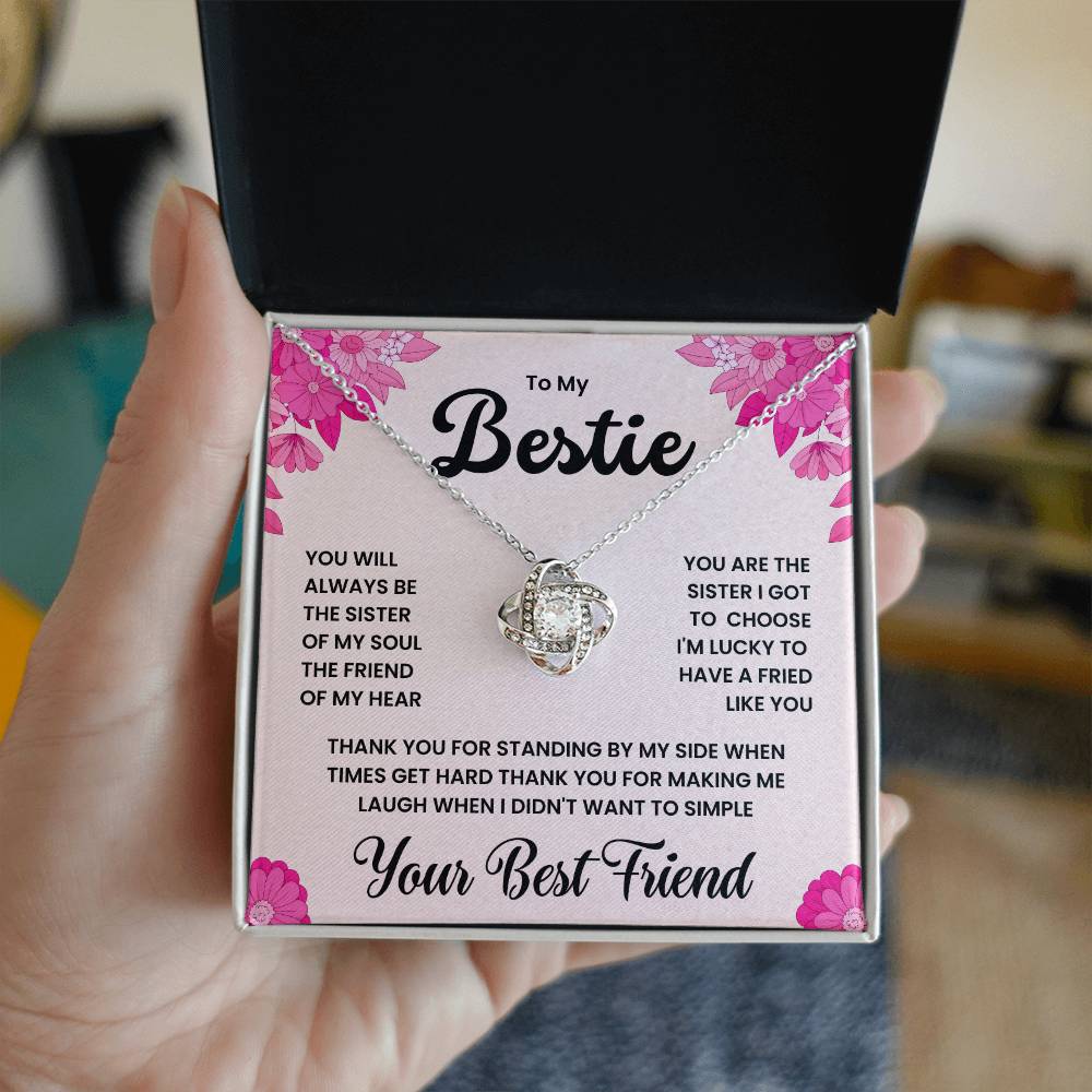 Love Knot Necklace gift for best friend with heartfelt message in pink floral box.