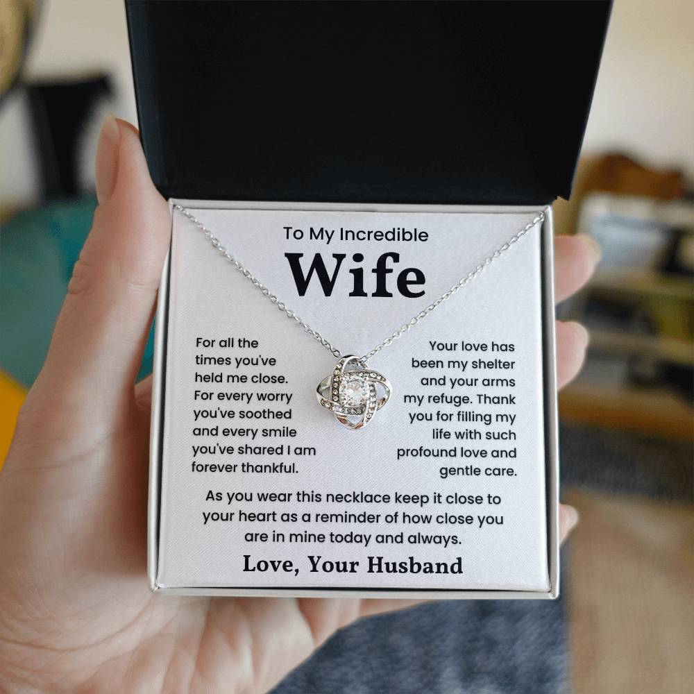 Love Knot Necklace for Wife - Featuring cubic zirconia on 14k white gold over stainless steel, perfect gift for expressing thankfulness.