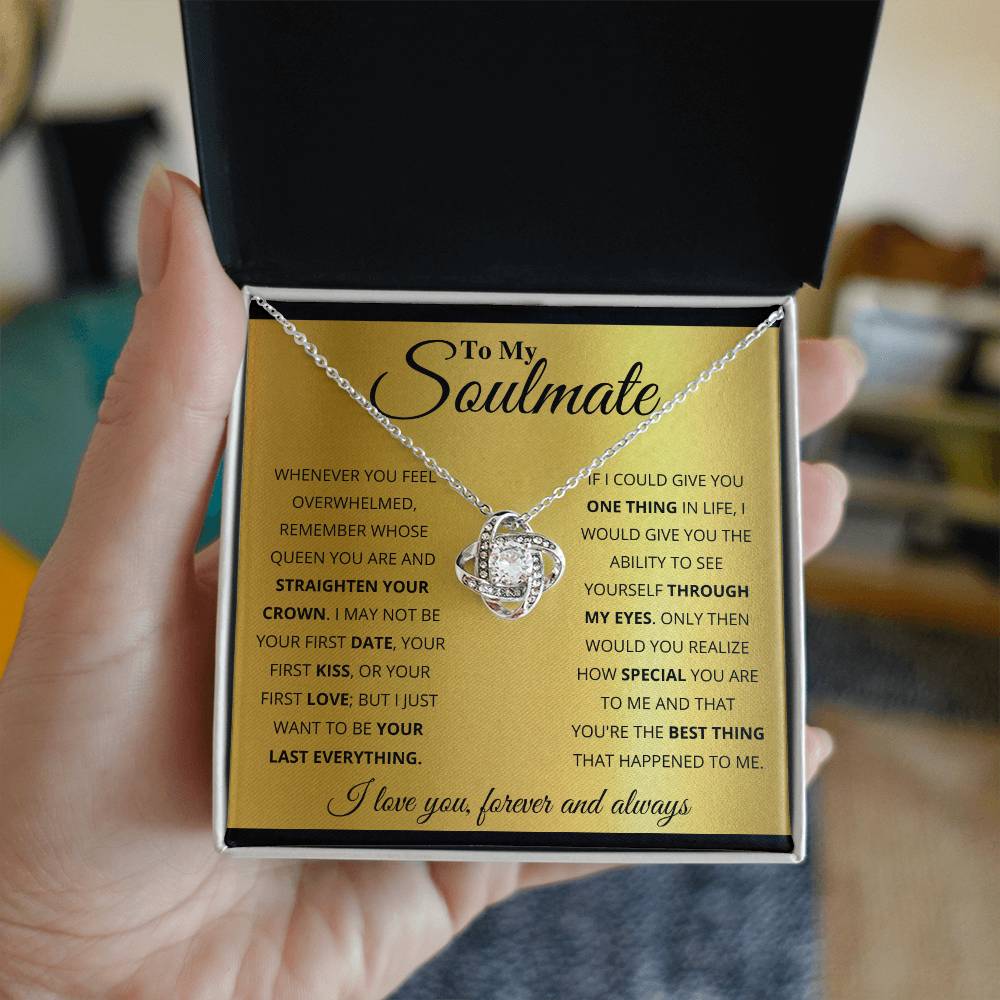 Love Knot Necklace with cubic zirconia in gift box labeled 'To My Soulmate,' symbolizing unbreakable bond, perfect romantic gift idea.