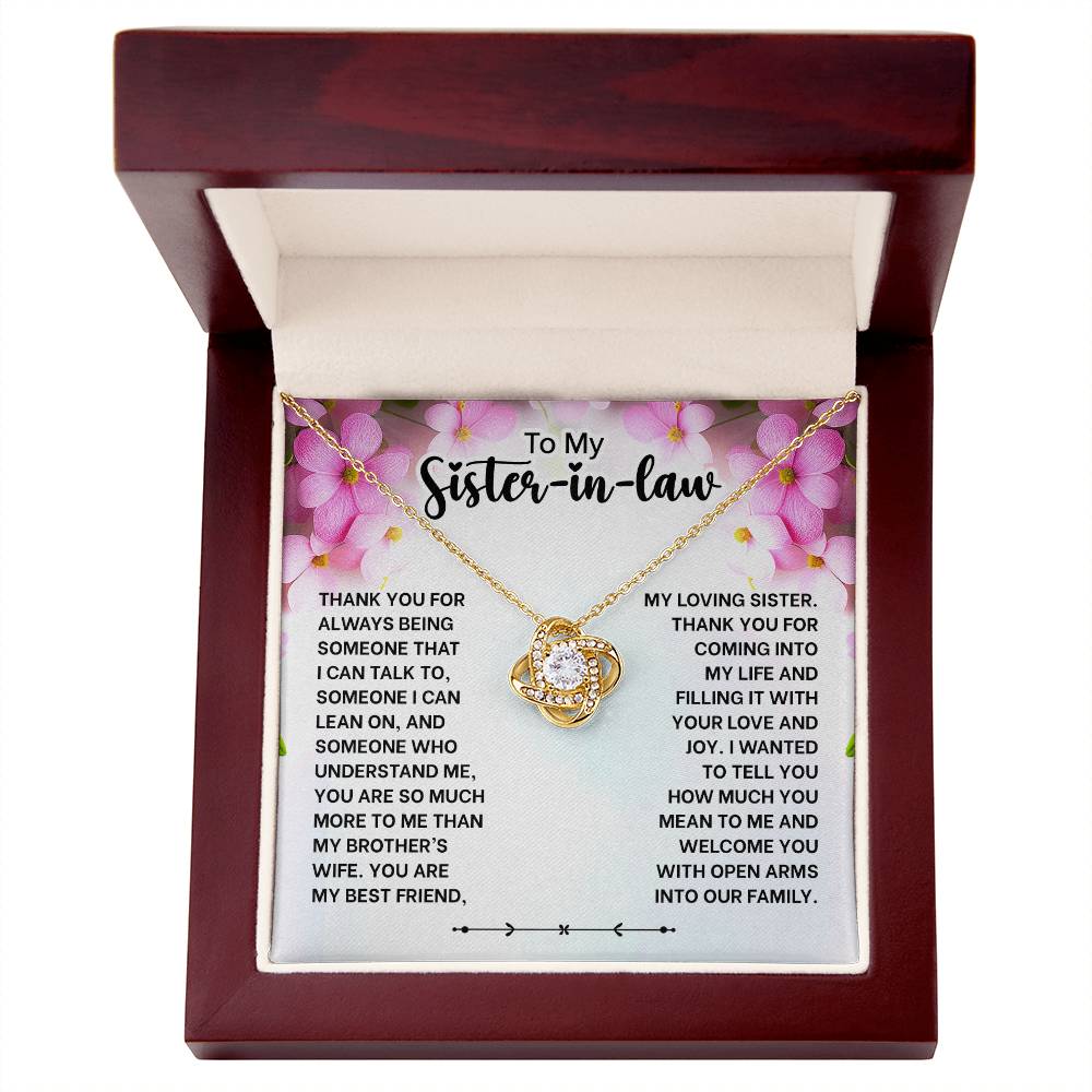 Love Knot Necklace for Sister-in-Law with heartfelt message card, perfect gift for birthday, wedding, or thank you occasion.