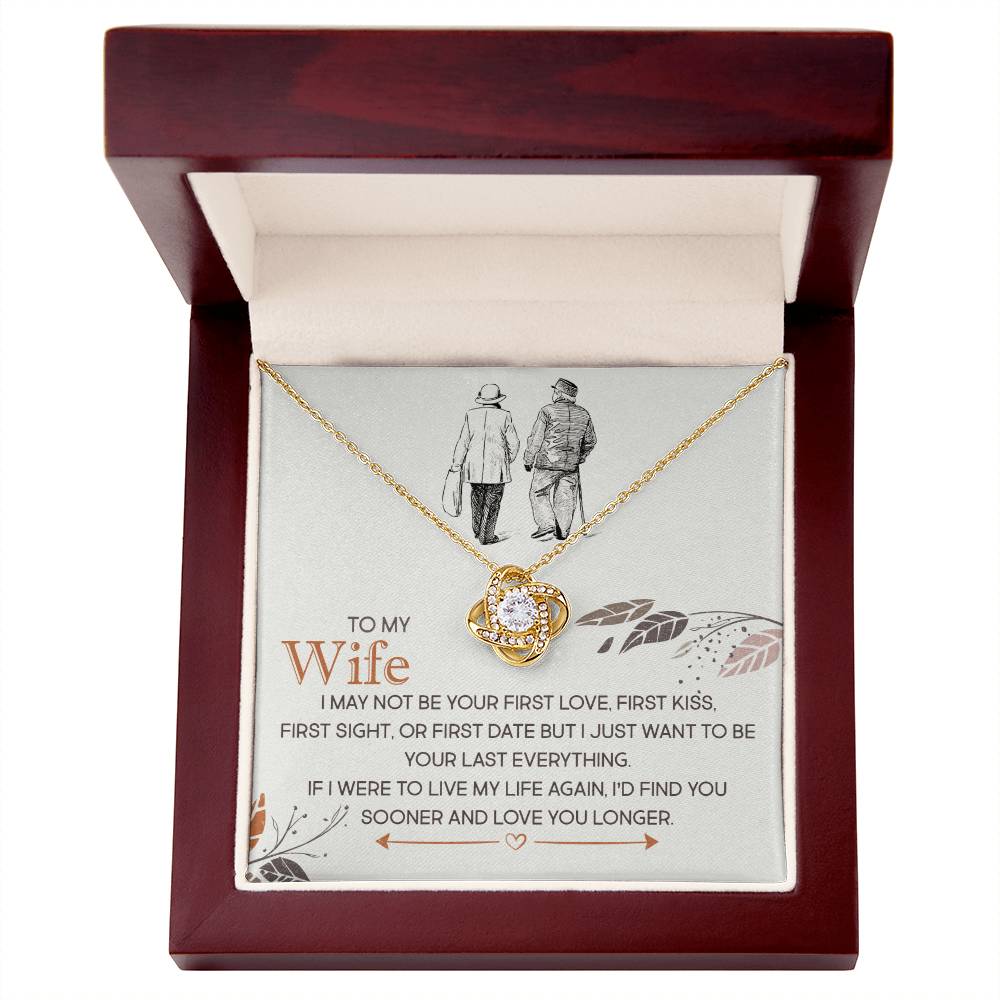 Love Knot Necklace for Wife with cubic zirconia, 14k gold over stainless steel, presented in a sentimental gift box with heartfelt message.