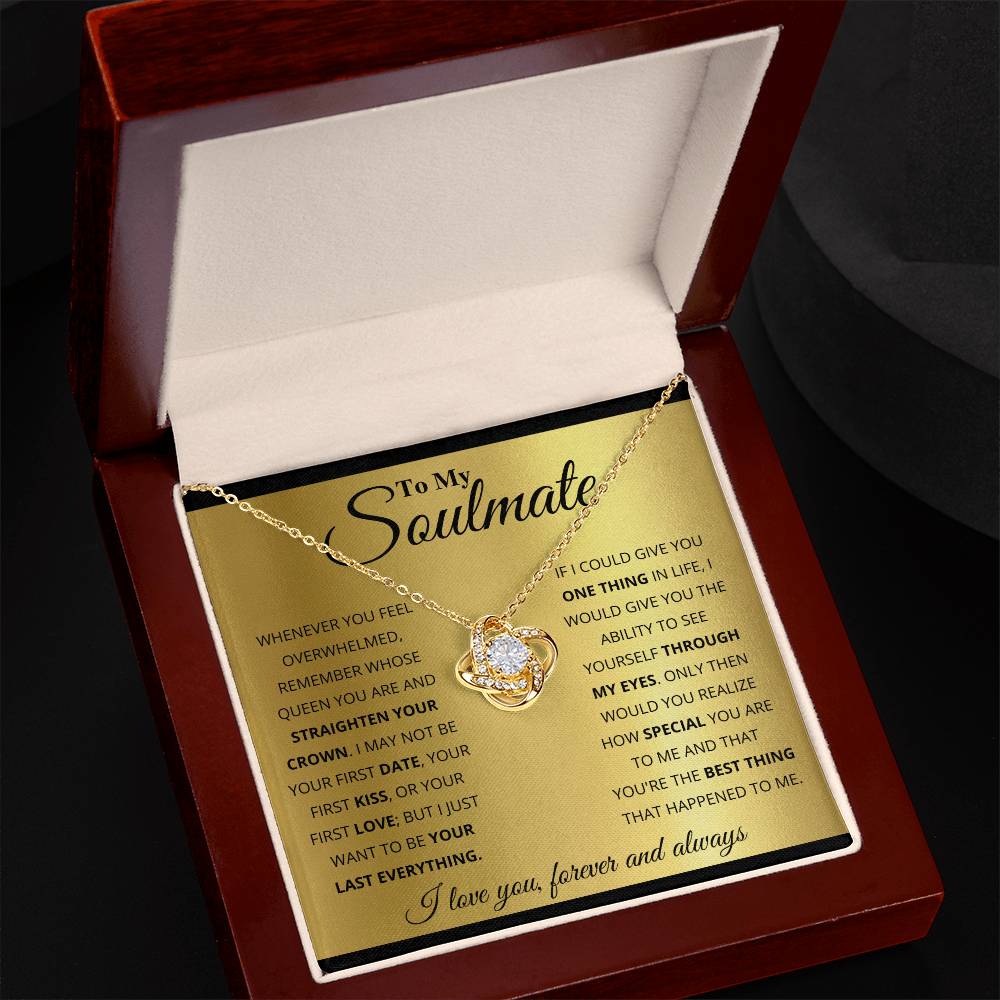 Love Knot Necklace with cubic zirconia in gift box, 'To My Soulmate' message, gold over stainless steel, unbreakable bond jewelry gift.