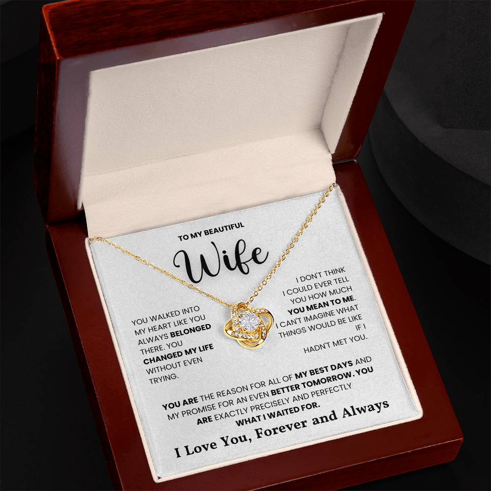 Love Knot Necklace gift for wife, featuring a cubic zirconia pendant and heartfelt message in a jewelry box, perfect for special occasions.