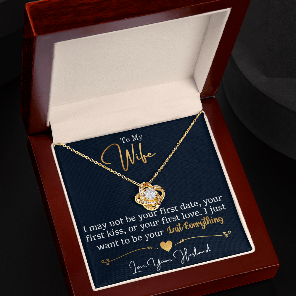 Gold Love Knot Necklace in gift box with romantic message for wife, featuring cubic zirconia on 14k gold over stainless steel chain, 0.6 inch pendant.