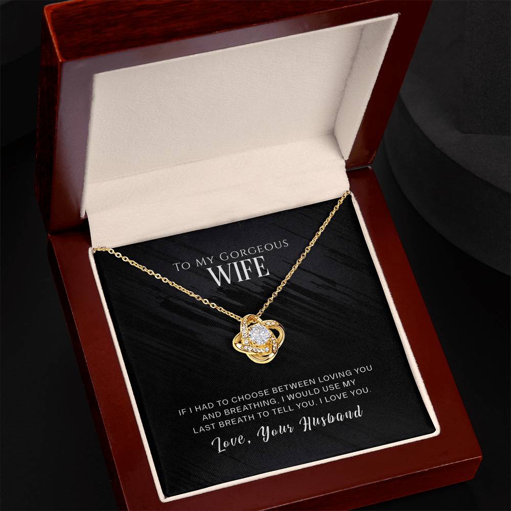 Love Knot Necklace in gift box with romantic message, featuring cubic zirconia pendant on 18k gold, perfect gift for wife.