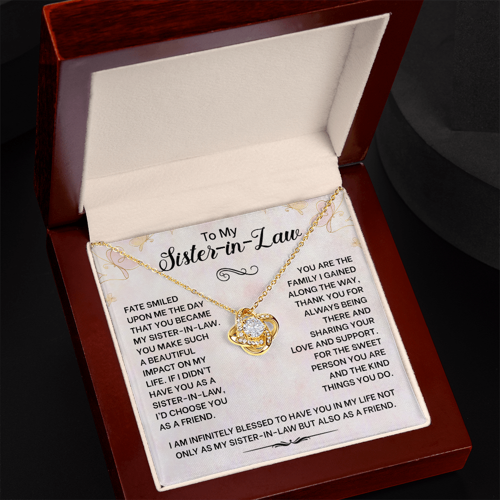 Love Knot Necklace for Sister-in-Law with heartfelt message about love and friendship in an elegant gift box.