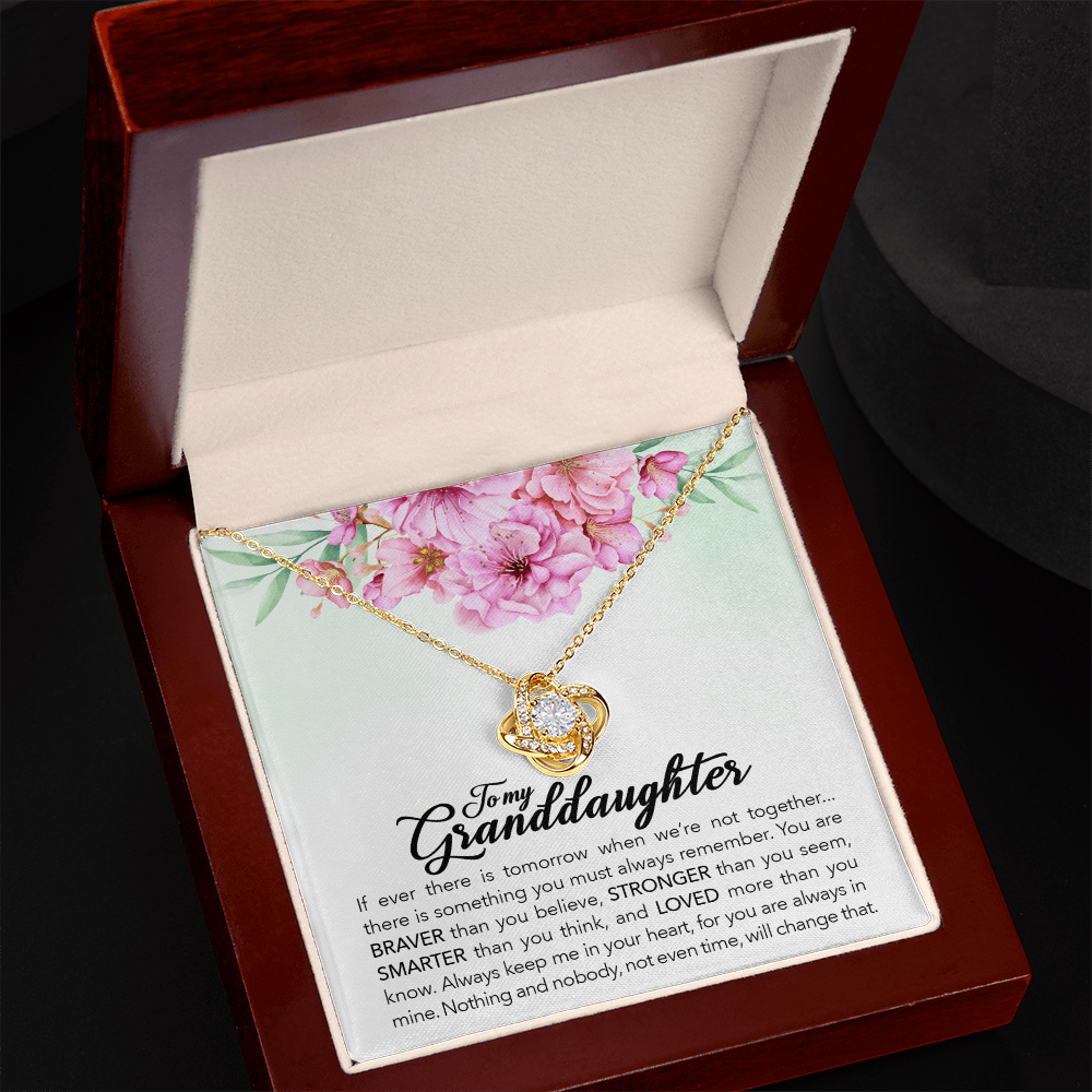 14K gold love knot necklace gift box for granddaughter with heartfelt message card and floral design.