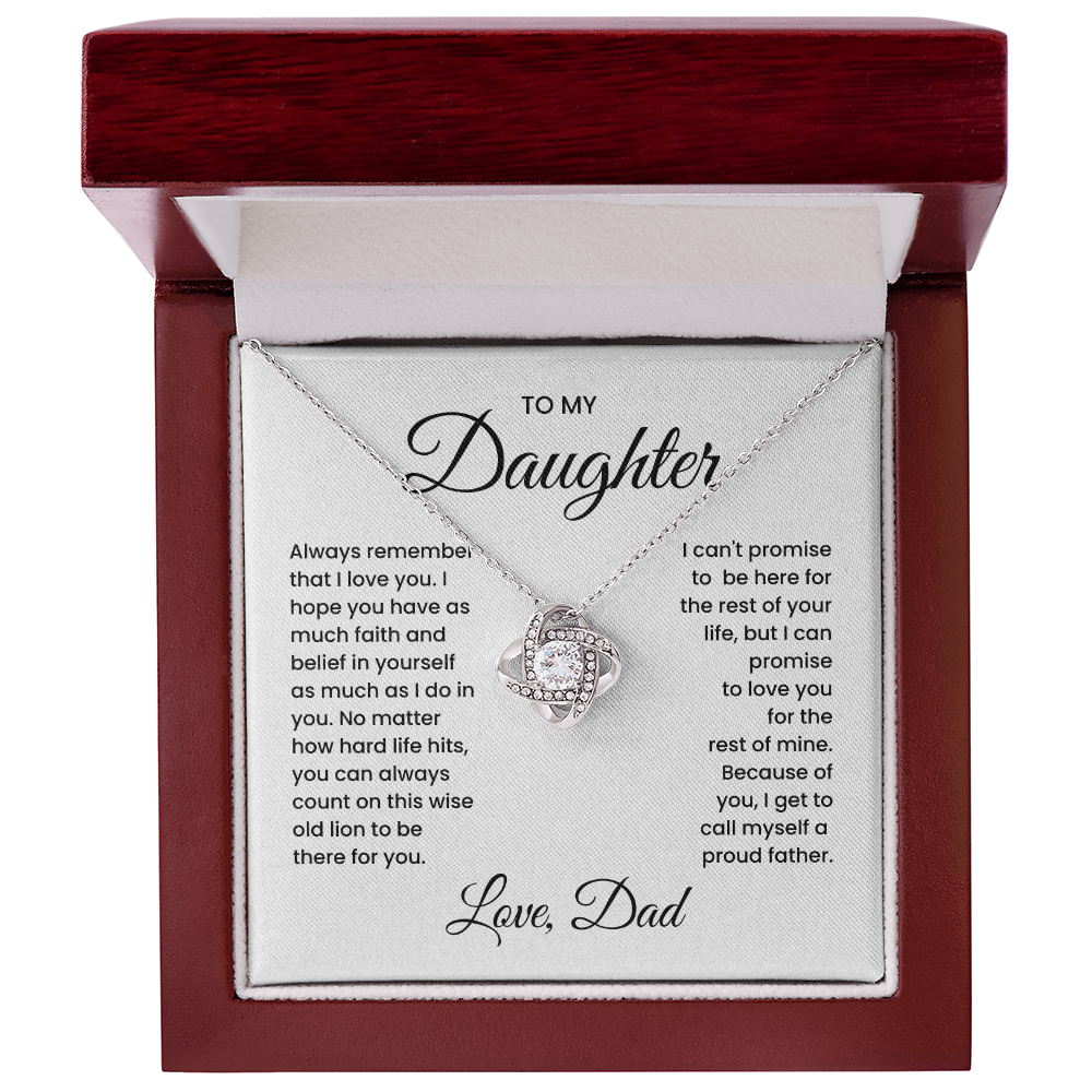Love Knot Necklace in gift box with heartfelt message for daughter, featuring cubic zirconia crystals, perfect sentimental gift from dad.