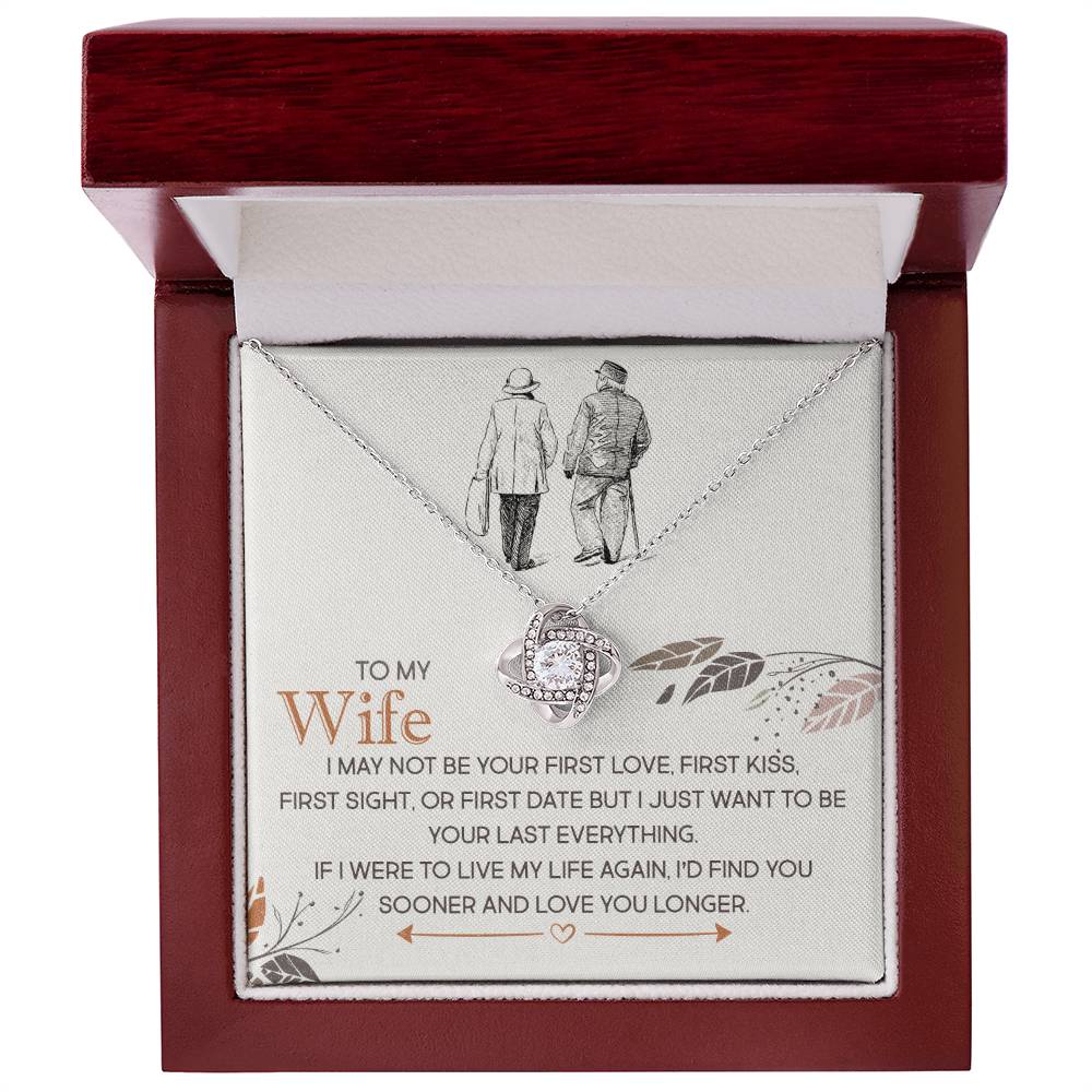 Elegant Love Knot Necklace, symbolizing unbreakable bond, with cubic zirconia, perfect gift for wife. Includes heartfelt message.