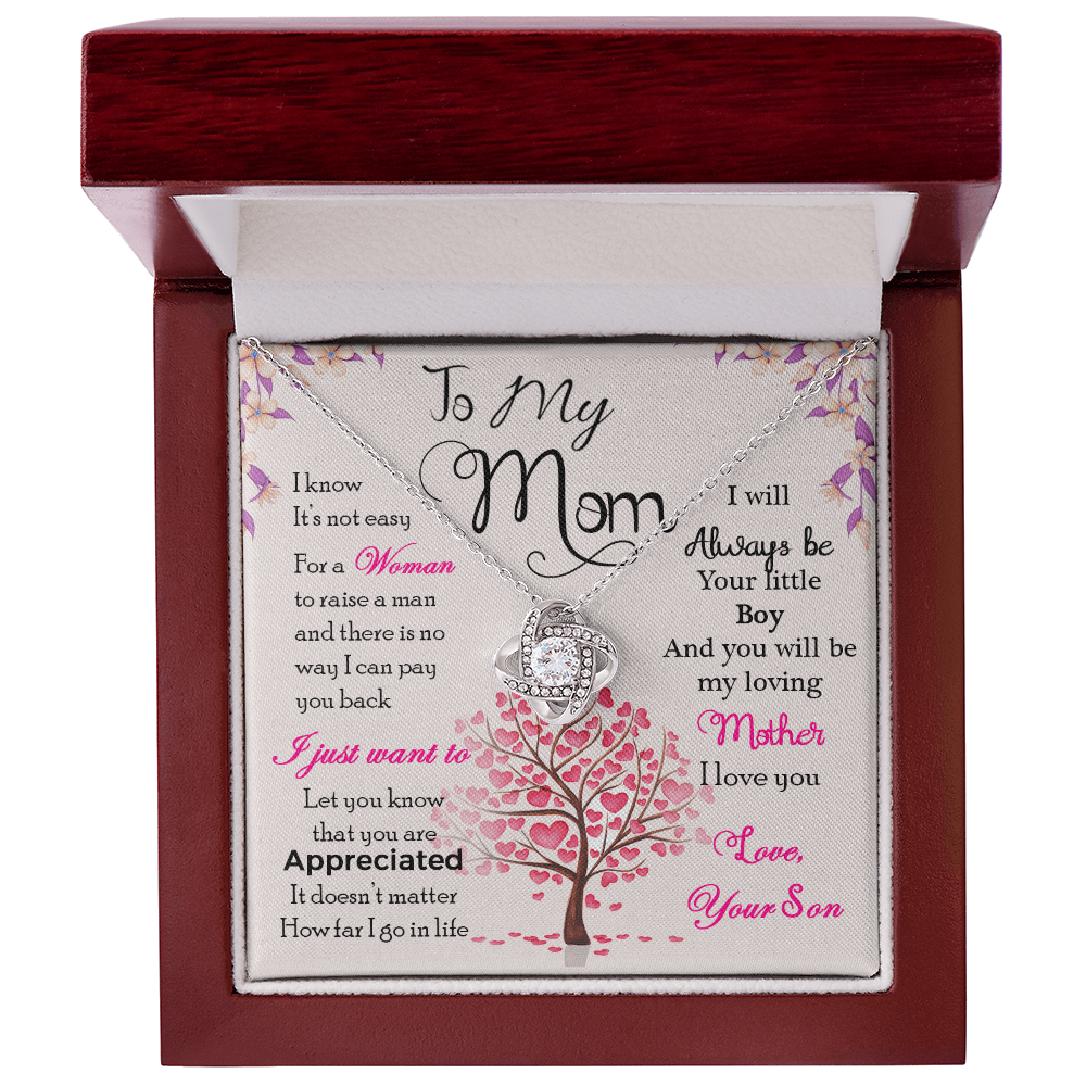 Love Knot Necklace gift for mom with cubic zirconia, heartfelt message, in a red box. Perfect for Mother's Day or special occasions.
