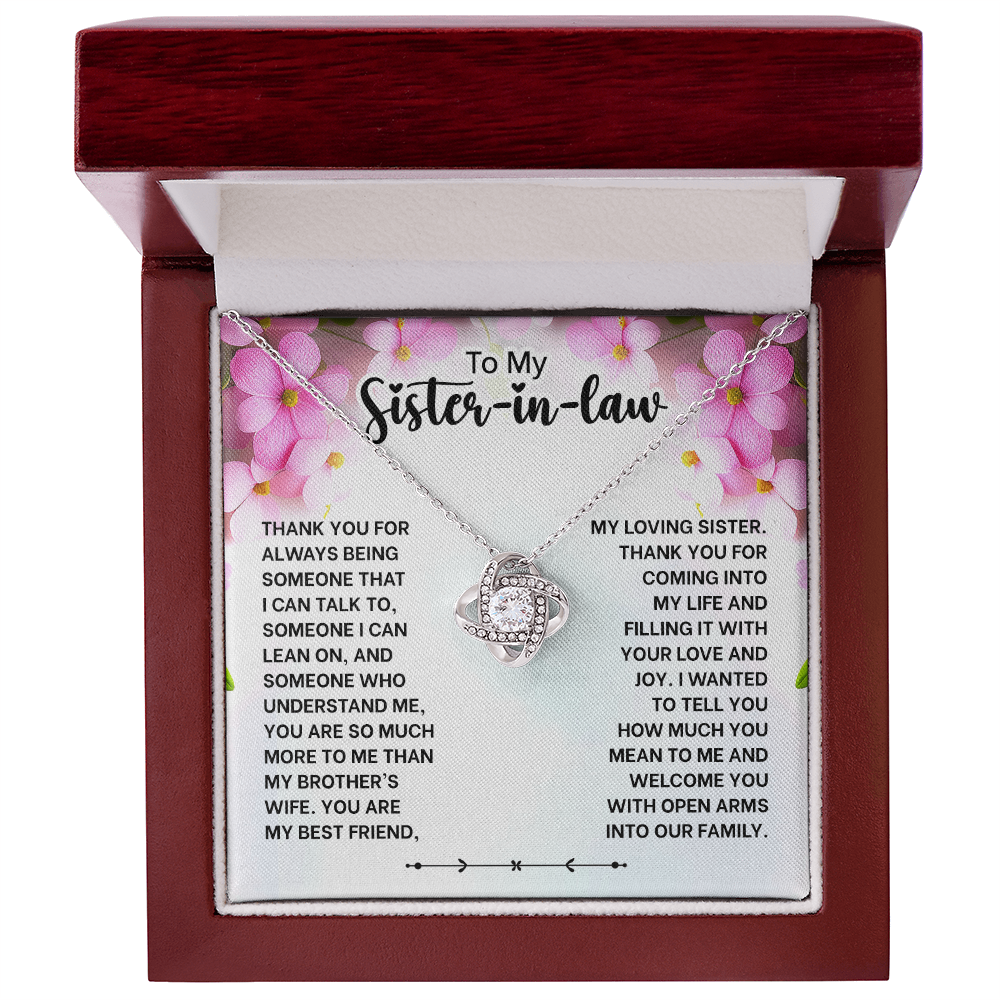 Love Knot Necklace in gift box with message for sister-in-law, perfect birthday or wedding gift, celebrating love and friendship.
