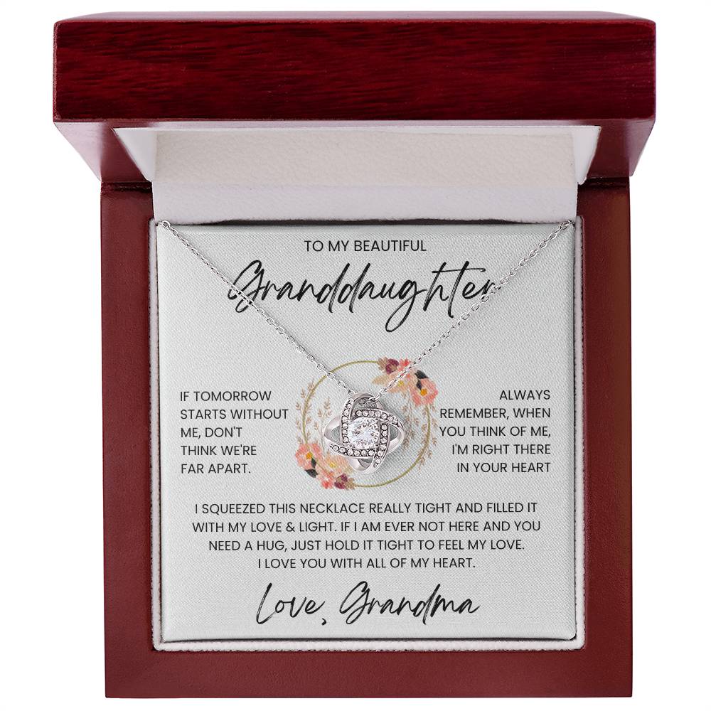Love Knot Necklace for Granddaughter in gift box with message card, featuring cubic zirconia, perfect sentimental gift for special occasions.