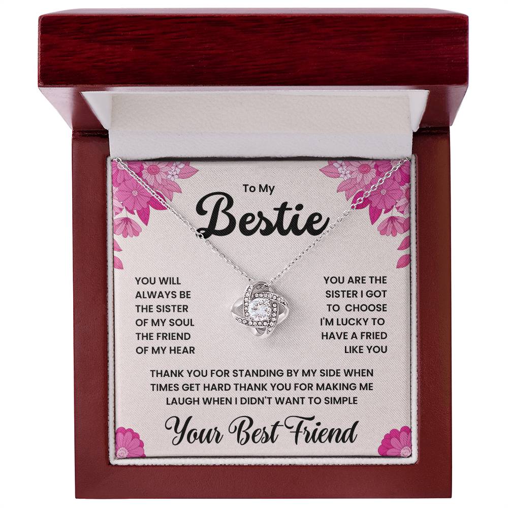 Love Knot Necklace in gift box with sentimental message for best friend. Features 14k white gold over stainless steel and zirconia crystal.