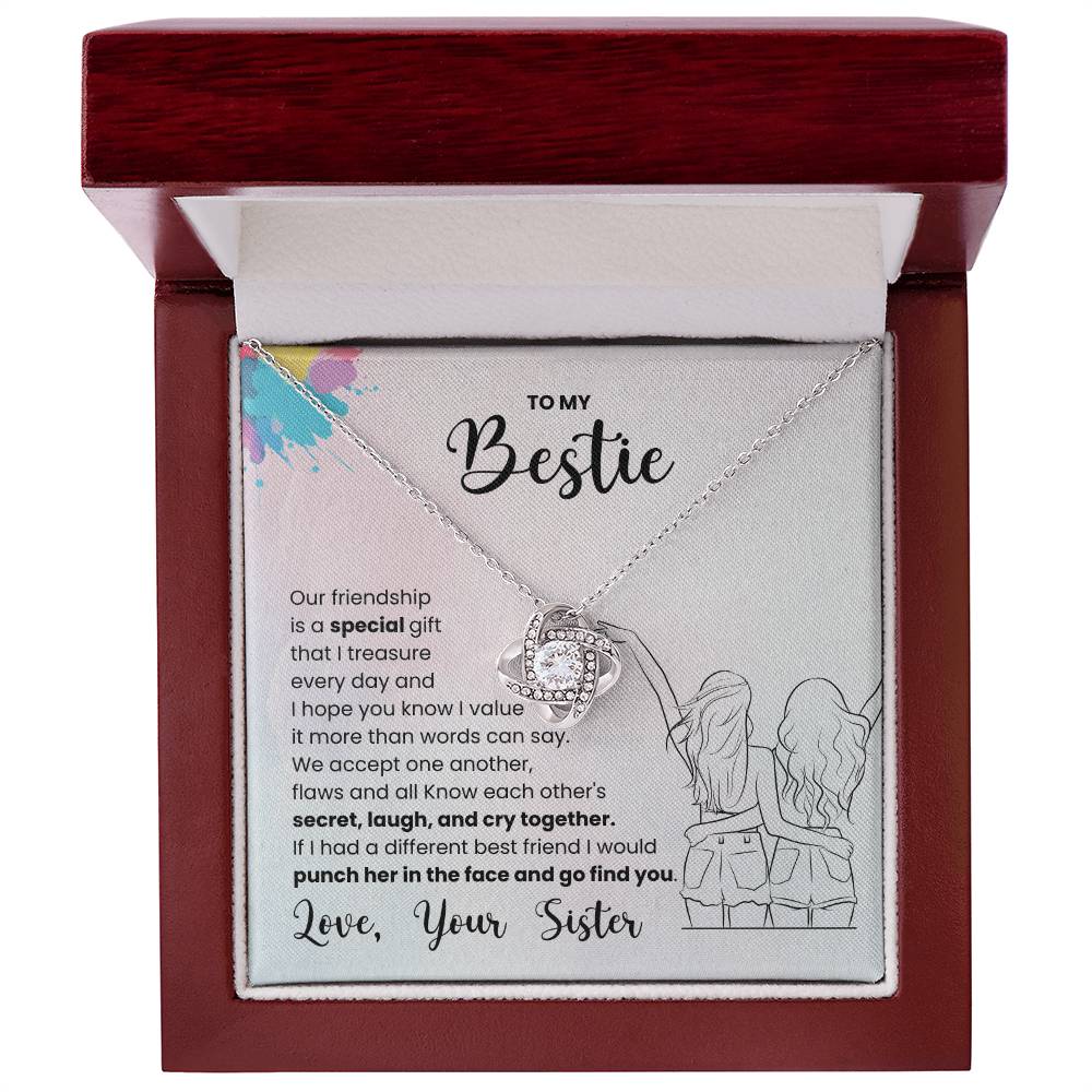 Love Knot Necklace in gift box with friendship message, adorned with cubic zirconia, perfect for best friend gift, 14k white gold.